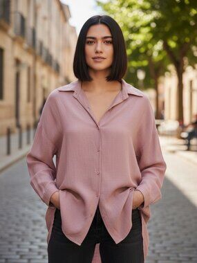 Silk Blouse Womens M Pink Crinkle Button Down Long Sleeve Collared Shirt Top